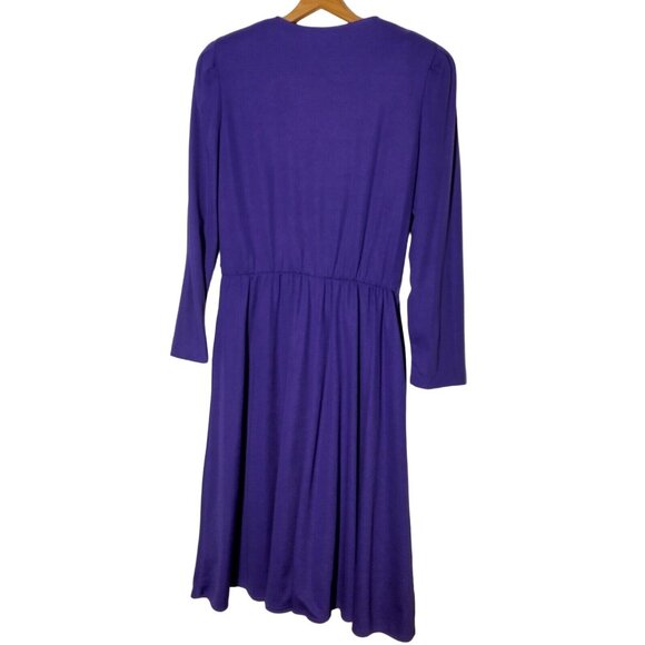Vintage 80s Purple Dress Size 10 Button Scalloped V Neck Long Sleeve Modest READ - Picture 2 of 16